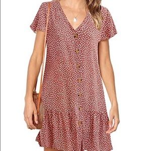 Polka Dot VNeck Button Down Ruffles T-Shirt Dress